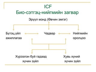 ICF
Био-сэтгэц-нийгмийн загвар
Эрүүл мэнд (Өвчин эмгэг)

Бүтэц,үйл
ажиллагаа

Чадвар

Хүрээлэн буй гадаад
хүчин зүйл

Нийгмийн
оролцоо

Хувь хүний
хүчин зүйл

 
