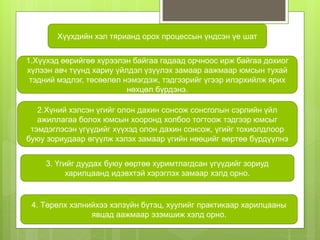 Хүүхдийн хэл тярианд орох процессын үндсэн үе шат
1.Хүүхэд өөрийгөө хүрээлэн байгаа гадаад орчноос ирж байгаа дохиог
хүлээн авч түүнд хариу үйлдэл үзүүлэх замаар аажмаар юмсын тухай
тэдний мэдлэг, төсөөлөл нэмэгдэж, тэдгээрийг үгээр илэрхийлж ярих
нөхцөл бүрдэнэ.
2.Хүний хэлсэн үгийг олон дахин сонсож сонсголын сэрлийн үйл
ажиллагаа болох юмсын хооронд холбоо тогтоож тэдгээр юмсыг
тэмдэглэсэн үгүүдийг хүүхэд олон дахин сонсож, үгийг тохиолдлоор
буюу зориудаар өгүүлж хэлэх замаар үгийн нөөцийг өөртөө бүрдүүлнэ
3. Үгийг дуудах буюу өөртөө хуримтлагдсан үгүүдийг зориуд
харилцаанд идэвхтэй хэрэглэх замаар хэлд орно.
4. Төрөлх хэлнийхээ хэлзүйн бүтэц, хуулийг практикаар харилцааны
явцад аажмаар эзэмшиж хэлд орно.
 