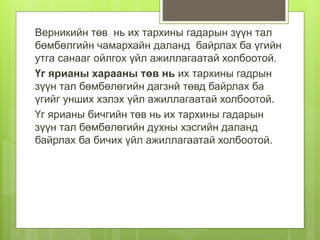 Верникийн төв нь их тархины гадарын зүүн тал
бөмбөлгийн чамархайн даланд байрлах ба үгийн
утга санааг ойлгох үйл ажиллагаатай холбоотой.
Үг ярианы харааны төв нь их тархины гадрын
зүүн тал бөмбөлөгийн дагзнй төвд байрлах ба
үгийг унших хэлэх үйл ажиллагаатай холбоотой.
Үг ярианы бичгийн төв нь их тархины гадарын
зүүн тал бөмбөлөгийн духны хэсгийн даланд
байрлах ба бичих үйл ажиллагаатай холбоотой.
 