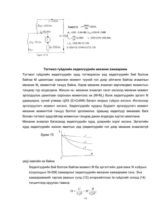 Òîãòìîë ã¿éäëèéí õºäºëã¿¿ðèéí ìåõàíèê õàìààðàìæ
Òîãòìîë ã¿éäëèéí õºäºëã¿¿ðèéí õóðä òîãòâîðæñîí ¿åä õºäºëã¿¿ðèéí áèé áîëãîæ
áàéãàà Ì öàõèëãààí ñîðîíçîí ìîìåíò ò¿¿íèé ãîë äýýð ¿éë÷èëæ áàéãàà à÷ààëëûí
ìåõàíèê Ìñ ìîìåíòòýé òýíö¿¿ áàéíà. Õýðýâ ìåõàíèê à÷ààëàë ººð÷ëºãäâºë ìîìåíòûí
òýíöâýð ò¿ð àëäàãäàíà. Æèøýý íü: ìåõàíèê à÷ààëàë ãýíýò èõñýõýä ìåõàíèê ìîìåíò
ýðãýëä¿¿ëýõ öàõèëãààí ñîðîíçîí ìîìåíòîîñ èõ (Ì<ÌÑ) áîëæ õºäºëã¿¿ðèéí ýðãýëò N
óäààøèðíà. ¿¿íèé óëìààñ ÖÕÕ (Å=ÑîNÔ) áàãàñ÷ ÿêîðûí ã¿éäýë èõñýíý. Èíãýñíýýð
ýðãýëä¿¿ëýã÷ ìîìåíò èõñýíý. Õºäºëã¿¿ðèéí õóðäíû áóóðàëò ýðãýëä¿¿ëýã÷ ìîìåíò
ìåõàíèê ìîìåíòòîé òýíö¿¿ áîëòîë ¿ðãýëæèëíý. Öààøèä õºäºëã¿¿ð ºìíºõººñ áàãà
áîëîâ÷ òîãòìîë õóðäòàéãýàð ìîìåíòûí òýíöâýð äàõèí àëäàãäàõ õ¿ðòýë àæèëëàíà.
Ìåõàíèê à÷ààëàë áàãàñàõàä õºäºëã¿¿ðèéí õóðä, äýýðõèéí ýñðýã èõñýíý. Ýðãýëòèéí
õóðä õºäºëã¿¿ðèéí õîîñîí ÿâàëòûí ¿åä (õºäºëã¿¿ðèéí ãîë äýýð ìåõàíèê à÷ààëàëã¿é

           Çóðàã 15




¿åä) õàìãèéí èõ áàéíà
    Õºäºëã¿¿ðèéí áèé áîëãîæ áàéãàà ìîìåíò Ì áà ýðãýëòèéí äàâòàìæ N õî¸ðûí
    õîîðîíäûí N=f(Ì) õàìààðëûã õåäåëãóóðèéí ìåõàíèê õàìààðàìæ ãýíý. Ýíý
    õàìààðàìæèéã ãàðãàæ àâàõûí òóëä (12) èëýðõèéëëýýñ Ia ã¿éäëèéã îëîîä (14)
    òýãøèòãýëä îðóóëàí òàâèíà
                                      U      R
                                Ω=       −M 2 2
                                     C0Ô   C0 Ô
                                        12
 