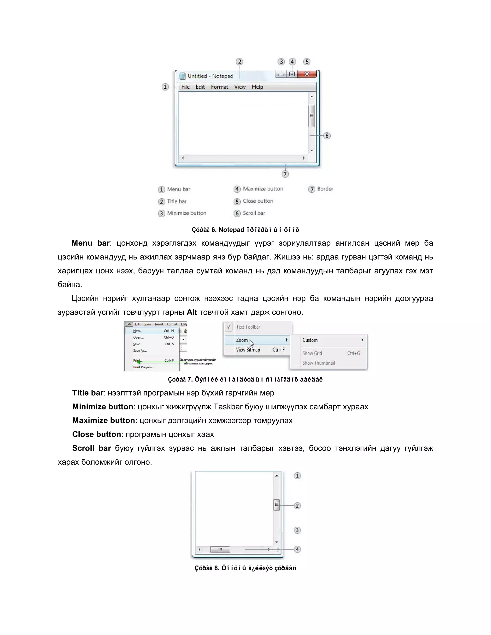 Çóðàã 6. Notepad ïðîãðàìûí öîíõ

   Menu bar: цонхонд хэрэглэгдэх командуудыг үүрэг зориулалтаар ангилсан цэсний мөр ба
цэсийн командууд нь ажиллах зарчмаар янз бүр байдаг. Жишээ нь: ардаа гурван цэгтэй команд нь
харилцах цонх нээх, баруун талдаа сумтай команд нь дэд командуудын талбарыг агуулах гэх мэт
байна.
   Цэсийн нэрийг хулганаар сонгож нээхээс гадна цэсийн нэр ба командын нэрийн доогуураа
зураастай үсгийг товчлуурт гарны Alt товчтой хамт дарж сонгоно.




                            Çóðàã 7. Öýñíèé êîìàíäóóäûí ñîíãîãäîõ áàéäàë

   Title bar: нээлттэй програмын нэр бүхий гарчгийн мөр
   Minimize button: цонхыг жижигрүүлж Taskbar буюу шилжүүлэх самбарт хураах
   Maximize button: цонхыг дэлгэцийн хэмжээгээр томруулах
   Close button: програмын цонхыг хаах
   Scroll bar буюу гүйлгэх зурвас нь ажлын талбарыг хэвтээ, босоо тэнхлэгийн дагуу гүйлгэж
харах боломжийг олгоно.




                                   Çóðàã 8. Öîíõíû ã¿éëãýõ çóðâàñ
 