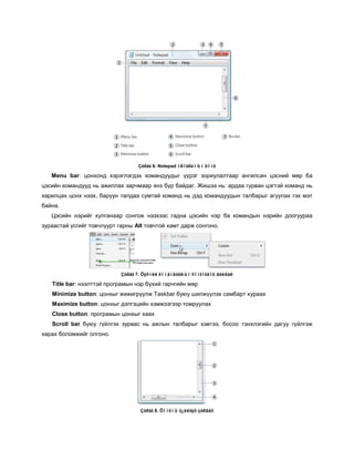 Çóðàã 6. Notepad ïðîãðàìûí öîíõ

   Menu bar: цонхонд хэрэглэгдэх командуудыг үүрэг зориулалтаар ангилсан цэсний мөр ба
цэсийн командууд нь ажиллах зарчмаар янз бүр байдаг. Жишээ нь: ардаа гурван цэгтэй команд нь
харилцах цонх нээх, баруун талдаа сумтай команд нь дэд командуудын талбарыг агуулах гэх мэт
байна.
   Цэсийн нэрийг хулганаар сонгож нээхээс гадна цэсийн нэр ба командын нэрийн доогуураа
зураастай үсгийг товчлуурт гарны Alt товчтой хамт дарж сонгоно.




                            Çóðàã 7. Öýñíèé êîìàíäóóäûí ñîíãîãäîõ áàéäàë

   Title bar: нээлттэй програмын нэр бүхий гарчгийн мөр
   Minimize button: цонхыг жижигрүүлж Taskbar буюу шилжүүлэх самбарт хураах
   Maximize button: цонхыг дэлгэцийн хэмжээгээр томруулах
   Close button: програмын цонхыг хаах
   Scroll bar буюу гүйлгэх зурвас нь ажлын талбарыг хэвтээ, босоо тэнхлэгийн дагуу гүйлгэж
харах боломжийг олгоно.




                                   Çóðàã 8. Öîíõíû ã¿éëãýõ çóðâàñ
 