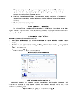 •   Sleep: компьютерийг маш бага цахилгаанаар ажиллуулах ба нээлттэй байгаа баримт,
        програмыг санах ой дээр хадгалж, гарнаас ямар нэг товч дарахад богино хугацаанд
        компьютерийг ажлын бэлэн байдалд оруулна.
    •   Hibernate: компьютерийг унтраахад нээлттэй байгаа баримт, програмууд хатуу диск дээр
        хадгалагдах ба компьютер асахад тухайн нээлттэй байсан баримт, програмын цонх цуг
        нээгдэнэ.
    •   Shut Down: компьютерийг унтраана.


                                ÔÀÉË, ÕÀÂÒÀÑÒÀÉ ÀÆÈËËÀÕ
        My Computer болон Windows Explorer програмын тусламжтайгаар файл хавтас үүсгэх, зөөх,
хуулах, нэрийг нь өөрчлөх, устгах, шахах, тодорхой үзүүлэлтээр шүүж харах, хайх гэх мэтийн олон
үйлдлүүдийг хийж болно.

                                WINDOWS EXPLORER ÏÐÎÃÐÀÌ
Windows Explorer програмыг ачаалах аргууд:
   Start цэсний All Programs дэд цэсний Accessories дэд цэсээс Windows Explorer команд
    сонгоно.
   Start товчин дээр хулганы заагч байрлуулан баруун товчийг дарж нээгдэх хураангуй цэсээс
    Explore команд сонгоно.

   Товчлуурт гарнаас      +E товчны хослол дарна.
                               Windows Explorer програмын цонх




                               Çóðàã 13. Windows Explorer ïðîãðàìûí öîíõ

    Програмын цонхны зүүн самбарт дискийн байгууламж, хавтаснуудыг салаалсан мод
бүтэцтэйгээр харуулах ба харин баруун самбарт зүүн самбарт идэвхтэй байгаа диск, эсвэл
хавтасны агуулгыг харуулдаг.
                        Windows Explorer програмын цэсийн командууд
 
