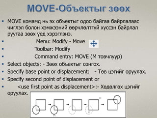  MOVE комамд нь эх объектыг одоо байгаа байрлалаас
чиглэл болон хэмжээний өөрчлөлтгүй хүссэн байрлал
руугаа зөөх үед хэрэглэнэ.
 Menu: Modify - Move
 Toolbar: Modify
 Command entry: MOVE (M товчлуур)
 Select objects: - Зөөх объектыг сонгох.
 Specify base point or displacement: - Төв цэгийг оруулах.
 Specify second point of displacement or
 <use first point as displacement>:- Хөдөлгөх цэгийг
оруулах.
 