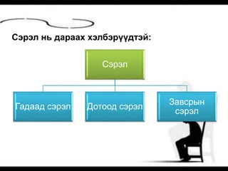 Сэрэл нь дараах хэлбэрүүдтэй:
Сэрэл
Гадаад сэрэл Дотоод сэрэл
Завсрын
сэрэл
 
