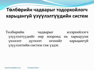 Төлбөрийн чадварыг тодорхойлогч
харьцангуй үзүүлэлтүүдийн систем
Төлбөрийн чадварыг илэрхийлэгч
үзүүлэлтүүдийг өөр хооронд нь харьцуулж
үнэлэлт дүгнэлт өгөхийг харьцангуй
үзүүлэлтийн систем гэж үздэг.
www.themegallery.com Company Name
 