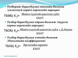  Төлбөрийг барагдуулах өнөөгийн боломж
/үнэмлэхүй хөрвөх хөрөнгийн харьцаа/
Мөнгө түүнтэй адилтгах зүйл
БХӨТ
 Төлбөр барагдуулах ойрын боломж /түргэн
хөрвөх хөрөнгийн харьцаа/.
Мөнгө түүнтэй адилтгах зүйл + Д.Авлага
БХӨТ
 Төлбөр барагдуулах хэтийн боломж
/Нөхөлтийн коэффициент/
Эргэлтийн хөрөнгө
БХӨТ
www.themegallery.com
ТБӨБ( К1)=
ТБОБ( К2)=
ТБХБ( К3)=
 