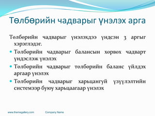 Төлбөрийн чадварыг үнэлэх арга
Төлбөрийн чадварыг үнэлэхдээ үндсэн 3 аргыг
хэрэглэдэг.
 Төлбөрийн чадварыг балансын хөрвөх чадварт
үндэслэж үнэлэх
 Төлбөрийн чадварыг төлбөрийн баланс үйлдэх
аргаар үнэлэх
 Төлбөрийн чадварыг харьцангуй үзүүлэлтийн
системээр буюу харьцаагаар үнэлэх
www.themegallery.com Company Name
 