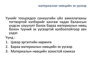 материаллаг нөөцийн эх үүсвэр
Үүнийг тооцохдоо санхүүгийн үйл ажиллагааны
тогтвортой хэлбэрийг хангаж чадах балансын
үндсэн үзүүлэлт болох бараа материалын нөөц
болон түүний эх үүсвэртэй холбоотойгоор авч
үздэг.
Үүнд :
1. Цэвэр эргэлтийн хөрөнгө
2. Бараа материалын нөөцийн эх үүсвэр
3. Материалын нөөцийн зохистой хэмжээ
 