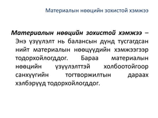 Материалын нөөцийн зохистой хэмжээ
Материалын нөөцийн зохистой хэмжээ –
Энэ үзүүлэлт нь балансын дүнд тусгагдсан
нийт материалын нөөцүүдийн хэмжээгээр
тодорхойлогддог. Бараа материалын
нөөцийн үзүүлэлттэй холбоотойгоор
санхүүгийн тогтворжилтын дараах
хэлбэрүүд тодорхойлогддог.
 