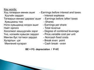 Key words:
Хүү,татварын өмнөх ашиг - Earnings before interest and taxes
Хүүгийн зардал - Interest explease
Татварын өмнөх/ дараах/ ашиг - Earnings before /after/ taxes
Хувьцааны тоо - Shares
Нэгж хувьцаанд ногдох ашиг - Earnings per share
Нийт орлого - Total revenue
Хосолмол хөшүүргийн зэрэг - Degree of combined leverage
Үнэ, нэгжийн хувьсах зардал - Price,variable cost per unit
Мөнгөн бус тогтмол зардал - Noncash fixed costs
Хугарлын цэг - Break even point
Мөнгөний хугарал - Cash break - even
BE = FC- depreciation / P-VC
 