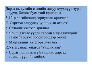 Дараа нь тухайн сэдвийн дагуу хүүхдүүд зураг
зурж, бичиж бусадтай ярилцана.
5-12-р ангийнханд зориулсан аргачлал:
Е. Сэргээн сануулах уншихын өмнөх
• Сэдвийг хэсгээр ярилцах
• Ярилцалгаас үүдэн гарсан мэдээллүүдийг
самбарт эсвэл проектор дээр бичнэ
• Мэдээллийг категорт хуваана
R.Утга санааг ойлгох Унших явц
• Сурагчид чимээгүй уншиж, дараах
тэмдэгтүүдийг хийнэ.
 