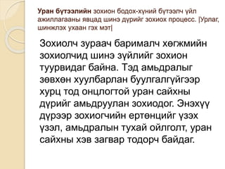 Уран бүтээлийн зохион бодох-хүний бүтээлч үйл
ажиллагааны явцад шинэ дүрийг зохиох процесс. |Урлаг,
шинжлэх ухаан гэх мэт|
Зохиолч зураач барималч хөгжмийн
зохиолчид шинэ зүйлийг зохион
туурвидаг байна. Тэд амьдралыг
зөвхөн хуулбарлан буулгалгүйгээр
хурц тод онцлогтой уран сайхны
дүрийг амьдруулан зохиодог. Энэхүү
дүрээр зохиогчийн ертөнцийг үзэх
үзэл, амьдралын тухай ойлголт, уран
сайхны хэв загвар тодорч байдаг.
 