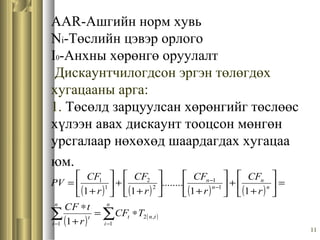 11
AAR-Ашгийн норм хувь
Ni-Төслийн цэвэр орлого
I0-Анхны хөрөнгө оруулалт
Дискаунтчилогдсон эргэн төлөгдөх
хугацааны арга:
1. Төсөлд зарцуулсан хөрөнгийг төслөөс
хүлээн авах дискаунт тооцсон мөнгөн
урсгалаар нөхөхөд шаардагдах хугацаа
юм.
( ) ( ) ( ) ( )
( ) ( )∑∑ −−
−
−
∗=
+
∗
=





+
+





+






+
+





+
=
n
i
tnt
n
i
t
n
n
n
n
TCF
r
tFC
r
CF
r
CF
r
CF
r
CF
PV
1
,2
1
1
1
2
2
1
1
1
11
........
11
 