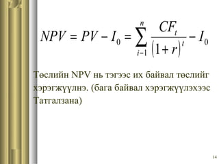 14
Төслийн NPV нь тэгээс их байвал төслийг
хэрэгжүүлнэ. (бага байвал хэрэгжүүлэхээс
Татгалзана)
( ) 0
1
0
1
I
r
CF
IPVNPV
n
i
t
t
−
+
=−= ∑−
 