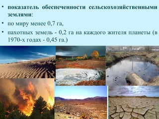 • показатель обеспеченности сельскохозяйственными
  землями:
• по миру менее 0,7 га,
• пахотных земель - 0,2 га на каждого жителя планеты (в
  1970-х годах - 0,45 га.)
 