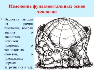 Изменение фундаментальных основ
               экологии
• Экология вышла
  из         рамок
  биологии, вбирая
  знания           о
  свойствах
  неживой
  природы,         о
  технологиях
  очистки,        о
  предельных
  нормах
  загрязнения и т.д.
 