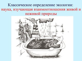 Классическое определение экологии:
наука, изучающая взаимоотношения живой и
             неживой природы
 