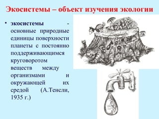 Экосистемы – объект изучения экологии
• экосистемы         -
  основные природные
  единицы поверхности
  планеты c постоянно
  поддерживающимся
  круговоротом
  веществ    между
  организмами       и
  окружающей       их
  средой    (А.Тенсли,
  1935 г.)
 