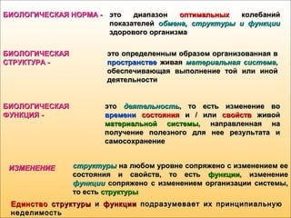 БИОЛОГИЧЕСКАЯ НОРМА -БИОЛОГИЧЕСКАЯ НОРМА - это диапазонэто диапазон оптимальныхоптимальных колебанийколебаний
показателейпоказателей обмена, структуры и функцииобмена, структуры и функции
здорового организмаздорового организма
БИОЛОГИЧЕСКАЯБИОЛОГИЧЕСКАЯ
СТРУКТУРА -СТРУКТУРА -
это определенным образом организованная вэто определенным образом организованная в
пространствепространстве живаяживая материальная системаматериальная система,,
обеспечивающая выполнение той или инойобеспечивающая выполнение той или иной
деятельностидеятельности
БИОЛОГИЧЕСКАЯБИОЛОГИЧЕСКАЯ
ФУНКЦИЯ -ФУНКЦИЯ -
этоэто деятельностьдеятельность, то есть изменение во, то есть изменение во
временивремени состояниясостояния ии // илиили свойствсвойств живойживой
материальной системыматериальной системы, направленная на, направленная на
получение полезного для нее результата иполучение полезного для нее результата и
самосохранениесамосохранение
ИЗМЕНЕНИЕИЗМЕНЕНИЕ структурыструктуры на любом уровне сопряжено с изменением еена любом уровне сопряжено с изменением ее
состояния и свойств, то естьсостояния и свойств, то есть функциифункции, изменение, изменение
функциифункции сопряжено с изменением организации системы,сопряжено с изменением организации системы,
то естьто есть структурыструктуры
ЕдинствоЕдинство структурыструктуры ии функциифункции подразумевает их принципиальнуюподразумевает их принципиальную
неделимостьнеделимость
 