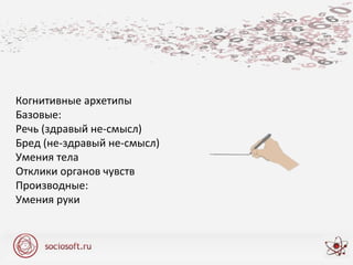 Когнитивные архетипы
Базовые:
Речь (здравый не-смысл)
Бред (не-здравый не-смысл)
Умения тела
Отклики органов чувств
Производные:
Умения руки
 