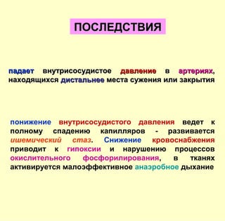 падаетпадает внутрисосудистоевнутрисосудистое давлениедавление вв артерияхартериях,,
находящихсянаходящихся дистальнеедистальнее места сужения или закрытияместа сужения или закрытия
ПОСЛЕДСТВИЯПОСЛЕДСТВИЯ
понижение внутрисосудистого давления ведет к
полному спадению капилляров - развивается
ишемический стаз. Снижение кровоснабжения
приводит к гипоксии и нарушению процессов
окислительного фосфорилирования, в тканях
активируется малоэффективное анаэробное дыхание
 