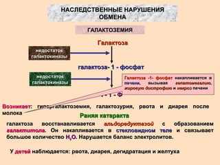 НАСЛЕДСТВЕННЫЕ НАРУШЕНИЯНАСЛЕДСТВЕННЫЕ НАРУШЕНИЯ
ОБМЕНАОБМЕНА
ГАЛАКТОЗЕМИЯГАЛАКТОЗЕМИЯ
ГалактозаГалактоза
галактоза- 1 - фосфатгалактоза- 1 - фосфат
Г- 1 - ФГ- 1 - Ф
недостатокнедостаток
галактокиназыгалактокиназы
недостатокнедостаток
галактокиназыгалактокиназы
ВозникаетВозникает: гипергалактоземия, галактозурия, рвота и диарея после: гипергалактоземия, галактозурия, рвота и диарея после
молокамолока
Раняя катарактаРаняя катаракта
галактоза восстанавливаетсягалактоза восстанавливается альдоредуктазойальдоредуктазой с образованиемс образованием
галактитолагалактитола. Он накапливается в. Он накапливается в стекловидном телестекловидном теле и связываети связывает
большое количествобольшое количество НН22ОО. Нарушается баланс электролитов.. Нарушается баланс электролитов.
УУ детейдетей наблюдается: рвота, диарея, дегидратация и желтуханаблюдается: рвота, диарея, дегидратация и желтуха
Галактоза -1- фосфатГалактоза -1- фосфат накапливается внакапливается в
печенипечени, вызывая, вызывая гепатомегалиюгепатомегалию,,
жировую дистрофиюжировую дистрофию ии некрознекроз печенипечени
 