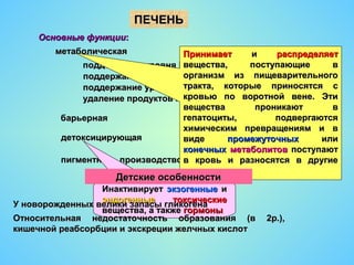 ПЕЧЕНЬПЕЧЕНЬ
Основные функцииОсновные функции::
метаболическаяметаболическая
поддержание уровня ГЛКподдержание уровня ГЛК
поддержание уровня аминокислотподдержание уровня аминокислот
поддержание уровня белков в кровиподдержание уровня белков в крови
удаление продуктов метаболизма азотистых соединенийудаление продуктов метаболизма азотистых соединений
барьернаябарьерная
детоксицирующаядетоксицирующая
пигментная - производство желчипигментная - производство желчи
ПринимаетПринимает ии распределяетраспределяет
вещества, поступающие ввещества, поступающие в
организм из пищеварительногоорганизм из пищеварительного
тракта, которые приносятся стракта, которые приносятся с
кровью по воротной вене. Этикровью по воротной вене. Эти
вещества проникают ввещества проникают в
гепатоциты, подвергаютсягепатоциты, подвергаются
химическим превращениям и вхимическим превращениям и в
видевиде промежуточныхпромежуточных илиили
конечныхконечных метаболитовметаболитов поступаютпоступают
в кровь и разносятся в другиев кровь и разносятся в другие
органы и ткани.органы и ткани.
ИнактивируетИнактивирует экзогенныеэкзогенные ии
эндогенныеэндогенные токсическиетоксические
вещества, а такжевещества, а также гормоныгормоны
Детские особенностиДетские особенности
У новорожденных велики запасы гликогенаУ новорожденных велики запасы гликогена
Относительная недостаточность образования (в 2р.),Относительная недостаточность образования (в 2р.),
кишечной реабсорбции и экскреции желчных кислоткишечной реабсорбции и экскреции желчных кислот
 