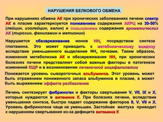 НАРУШЕНИЯ БЕЛКОВОГО ОБМЕНАНАРУШЕНИЯ БЕЛКОВОГО ОБМЕНА
При нарушениях обменаПри нарушениях обмена АКАК при хронических заболеваниях печенипри хронических заболеваниях печени спектрспектр
АКАК в плазме характеризуетсяв плазме характеризуется понижениемпонижением содержаниясодержания АКРЦАКРЦ нана 30-5030-50%%
((лейцинлейцин,, изолейцинизолейцин,, валинвалин) и) и повышениемповышением содержаниясодержания ароматическихароматических
АКАК ((тирозинтирозин,, фениламинфениламин ии метионинметионин))
НарушаетсяНарушается обезвреживаниеобезвреживание ионовионов NHNH33 посредством синтезапосредством синтеза
глютамина. Это может приводить кглютамина. Это может приводить к метаболическому ацидозуметаболическому ацидозу
вследствие уменьшенного выделениявследствие уменьшенного выделения NHNH44 почками. Таким образом,почками. Таким образом,
изменения метаболизмаизменения метаболизма АКАК и обезвреживанияи обезвреживания NHNH33 при хроническихпри хронических
болезнях печени представляют собой важные факторы в патогенезеболезнях печени представляют собой важные факторы в патогенезе
измененийизменений КЩРКЩР и в возникновениии в возникновении печеночной энцефалопатиипеченочной энцефалопатии
Понижается уровень сывороточныхПонижается уровень сывороточных альбуминовальбуминов. Этот уровень может. Этот уровень может
быть отражением пониженного запаса альбуминов в плазме, а можетбыть отражением пониженного запаса альбуминов в плазме, а может
быть выражениембыть выражением эффекта разбавленияэффекта разбавления
Печень синтезируетПечень синтезирует фибриногенфибриноген и факторы свертыванияи факторы свертывания VV,, VIIVII,, IXIX ии XX,,
которые нуждаются вкоторые нуждаются в витаминевитамине КК. При болезнях печени, вследствие. При болезнях печени, вследствие
уменьшения синтеза, быстро падает содержание факторовуменьшения синтеза, быстро падает содержание факторов IIII,, VV,, VIIVII ии XX..
Уровень фибриногена чаще не уменьшен. Застойная желтуха приводитУровень фибриногена чаще не уменьшен. Застойная желтуха приводит
к нарушениям свертывания из-за дефицитак нарушениям свертывания из-за дефицита витамина Квитамина К
 