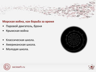 Морская война, как борьба за время
• Паровой двигатель, броня
• Крымская война
• Классическая школа.
• Американская школа.
• Молодая школа.
 