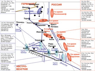 ГЕРМАНИЯ
АВСТРО-
ВЕНГРИЯ
РОССИЯ
Санок
Нарев
Гнилая
Липа
Золотая
Липа
Кенигсберг
Данциг
Варшава
Краков
Сандомир
Ивангород
Тарнов
Галич
Перемышль
Брест-
Литовск
Люблин
Холм Ковель
Рава-
Русская
Львов
Осовец
Новогеоргиевск
Торн
Познань
1-я армия
Ренненкампф
2-я армия
Самсонов
4-я армия
Зальц 5-я армия
Плеве
3-я армия
Рузский
8-я армия
Брусилов
8-я армия
Фон Притвиц
1-я армия
Данкль
4-я армия
Ауфенберг
3-я армия
Брудерман
Группа
Куммера
Группа
Кевеса
Корпус
Войшра
1-й, 17-й, 20-й, 1-й
рез корпуса, 3-я, 35-я
резервная, 1-я
ланверная, 1 кав.
дивизии
190.000 чел. + 30.000
чел. В корпусе
Войрша
95-я, 106 ландв,
100-я ландшт. бр, 7
кав.д., 111-я ландшт.
бр (Перемышль)
55.000 человек
1-й, 5-й, 10-й корпуса,
12-я дивизия, семь
отдельных бригад,
польский легион, 2
кав.дивизии
228.000 чел.
2-й, 9-й, 6-й, 17-й
корпуса, 6-я марш.
бр., 2 кав.дивизии,
250.000 чел.
11-й, 3-й, 11-й, 14-й,
41-я, 42-я гонв.д., 9
отдельных бригад, 8-
я, 2-я, 4-я, 11-я
кав.дивизии
160.000 человек
3,5 пехотных
дивизии, 2
кав.дивизии
70.000 человек
3-й, 4-й, 20-й
корпуса, 5-я стр.
бригада, 1-я, 2-я, 3-
я кав. дивизии, 1-я
кав. бригада,
100.000 человек
1-й, 2-й, 6-й, 13-й,
15-й, 23-й корпуса,
1-я стр. бригада, 4-
я, 6-я, 15-я кав.
дивизии,
150.000 человек
14-й, 16-й,
Гренадерский
корпуса, 2,5
кавалерийские
дивизии
109.000 человек
25-й, 19-й, 5-й, 17-й
корпуса, 2,5
кавалерийские
дивизии
147.000 человек
21-й, 11-й, 9-й, 10-й
корпуса, 4
кавалерийские
дивизии
215.000 человек
7-й, 12-й, 8-й, 24-й
корпуса, 3
кавалерийские
дивизии
139.000 человек
 