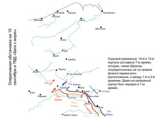 Дюнкерк
Ньюпор
Остенде Брюгге Антверпен
Гент
Брюссель
Лилль
Дуэ
Аррас
Амьен
Камбрэ
Сен-Кантен
Перонн
Шато-Тьери
Бове
Клермон
Ретель
Суассон
Нуайон
Пром
Реймс
Бери-о-Бак
Краон
Лаон
Ш
ельда
Изео
Сомма
Уаза
Марна
Эна
Вель
Лис
Скарпа
1-я армия 7-я
армия
2-я
армия
9-й
р.к.
6-я
армия
5-я
армия
Англ.
армия
13-й
к.
Кав.к.
37-я п.д.
Оперативнаяобстановкана15
сентябряиТВД«Бегакморю»
Седьмой резервный, 15-й и 12-й
корпуса составили 7-ю армию,
которая, таким образом,
сосредоточилась не на правом
фланге германского
расположения, а между 1-й и 2-й
армиями. Девятый резервный
корпус был передан в 1-ю
армию.
 