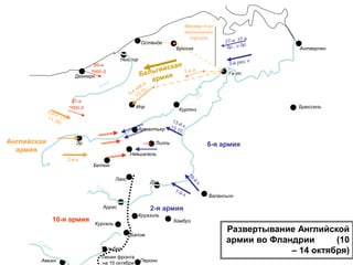 Альбер
Перонн
Курсель
Бапом
Круазиль
Камбрэ
Валансьон
Дуэ
Аррас
Лилль
Ипр
Эр
Бетюн
Дюнкерк
Ньюпор
Остенде
Брюгге
Гент
Брюссель
Антверпен
Амьен
Ланс
Невшапель
Армантьер
Линия фронта
на 10 октября
10-я армия
2-я армия
2-й к.
Куртнэ
87-я
терр.д
6-я армия
89-я
терр.д
Развертывание Английской
армии во Фландрии (10
– 14 октября)
Английская
армия
Маневр 4-го
английского
корпуса
 
