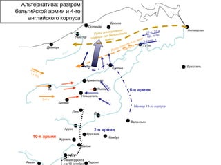 Альбер
Перонн
Курсель
Бапом
Круазиль
Камбрэ
Валансьон
Дуэ
Аррас
Лилль
Ипр
Эр
Бетюн
Дюнкерк
Ньюпор
Остенде
Брюгге
Гент
Брюссель
Антверпен
Амьен
Ланс
Невшапель
Армантьер
Линия фронта
на 10 октября
10-я армия
2-я армия
2-й к.
Куртнэ
6-я армия
Альтернатива: разгром
бельгийской армии и 4-го
английского корпуса
Маневр 13-го корпуса
 