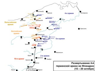 Альбер
Перонн
Курсель
Бапом
Круазиль
Камбрэ
Валансьон
Дуэ
Аррас
Лилль
Ипр
Эр
Бетюн
Дюнкерк
Ньюпор
Остенде
Брюгге
Гент
Брюссель
Антверпен
Амьен
Ланс
Невшапель
Армантьер
Линия фронта
на 10 октября
10-я армия
2-я армия
2-й к.
Куртнэ
19-й к
7-й к
6-я армия
87-я, 89-я
терр.д
Развертывание 4-й
германской армии во Фландрии
(15 – 20 октября)
Диксмюнде
Бельгийская
армия
2-я д.
1-я д.
4-я д.
3-я д.
5-я, 6-я д.
3-й рез. к
22-й рез. к
Английская
армия
4-я армия
4-й к.
14-й к
21-й к
23-й рез. к
26-й рез. к
27-й рез. к
13-й к
 