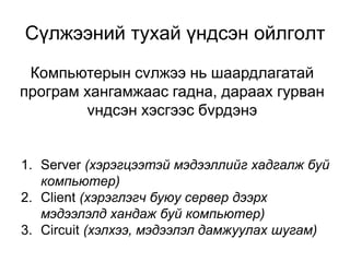 Компьютерын сvлжээ нь шаардлагатай
програм хангамжаас гадна, дараах гурван
vндсэн хэсгээс бvрдэнэ
Сүлжээний тухай үндсэн ойлголт
1. Server (хэрэгцээтэй мэдээллийг хадгалж буй
компьютер)
2. Client (хэрэглэгч буюу сервер дээрх
мэдээлэлд хандаж буй компьютер)
3. Circuit (хэлхээ, мэдээлэл дамжуулах шугам)
 