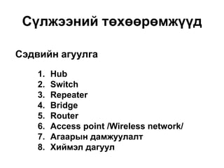 Сэдвийн агуулга
Сүлжээний төхөөрөмжүүд
1. Hub
2. Switch
3. Repeater
4. Bridge
5. Router
6. Access point /Wireless network/
7. Агаарын дамжуулалт
8. Хиймэл дагуул
 