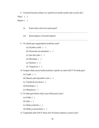 30
8. Umewahi kutumia ushauri wa vipindi hivyo katika maisha yako ya kila siku?
Ndiyo ( )
Hapana ( )
(i) Kama ndiyo eleza kwa namna gani?
………………………………………………………………………………
(ii) Kama hapana, ni kwanini hapana?
………………………………………………………………………………
9. Ni vipindi gani ungependelea kusikiliza zaidi?
(a) Nyimbo za dini ( )
(b) Wanawake na maendeleo ( )
(c) Ijue afya yako ( )
(d) Mazingira ( )
(e) Michezo ( )
(f) Vinginevyo ( )
10. Unapata shida yoyote katika kusikiliza vipindi vya radio SAUT? Ni shida gani?
(a) Lugha ( )
(b) Masafu yake hayasikiki vizuri ( )
(c) Vipindi havina ubora ( )
(d) Kutokujua ( )
(e) Mengineyo ( )
11. Ni shida gani kubwa mliyo nayo katika jamii yenu?
(a) Fedha ( )
(b) Njaa ( )
(c) Shida za familia ( )
(d) Shida ya mawasiliano ( )
12. Ungependa radio SAUT ifanye nini ili kutatua matatizo ya jamii yenu?
 