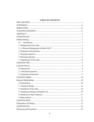 vi
TABLE OF CONTENTS
DECLARATION............................................................................................................. i
COPYRIGHT................................................................................................................. ii
DEDICATION .............................................................................................................. iii
ACKNOWLEDGEMENT ............................................................................................. iv
ABSTRACT....................................................................................................................v
CHAPTER ONE..............................................................................................................1
Problem Setting...............................................................................................................1
1.0 Introduction.......................................................................................................1
1.1 Background of the study.........................................................................................1
1.1.1 Historical Background of Radio SAUT ...............................................................2
1.2 Statement of the problem........................................................................................3
1.3 Research objectives................................................................................................3
1.4 Research questions. ................................................................................................3
1.5 Significance of the study. .......................................................................................4
CHAPTER TWO.............................................................................................................5
Literature Review ............................................................................................................5
2.0 Introduction............................................................................................................5
2.1 Theoretical argument..............................................................................................5
2.2 Theoretical Framework ..........................................................................................7
CHAPTER THREE.......................................................................................................10
Research Methodology..................................................................................................10
3.0 Introduction..........................................................................................................10
3 .1 Research Design..................................................................................................10
3.2 Population of the study.........................................................................................10
3.3 Sampling technique and Sample size....................................................................10
3.4 Methods for Data Collection.................................................................................11
3.5 Data analysis ........................................................................................................11
CHAPTER FOUR .........................................................................................................12
Presentation of Findings ................................................................................................12
CHAPTER FIVE...........................................................................................................22
Discussion and Conclusion............................................................................................22
 