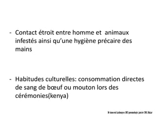 - Contact étroit entre homme et animaux
  infestés ainsi qu’une hygiène précaire des
  mains



- Habitudes culturelles: consommation directes
  de sang de bœuf ou mouton lors des
  cérémonies(kenya)

                                   Dr innocent kashongwe, DES pneumologie, janvier 2011, Dakar
 