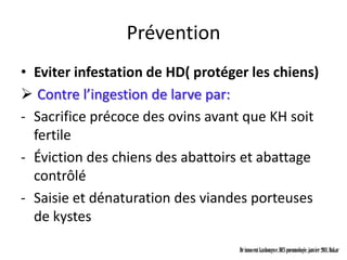 Prévention
• Eviter infestation de HD( protéger les chiens)
 Contre l’ingestion de larve par:
- Sacrifice précoce des ovins avant que KH soit
  fertile
- Éviction des chiens des abattoirs et abattage
  contrôlé
- Saisie et dénaturation des viandes porteuses
  de kystes

                                   Dr innocent kashongwe, DES pneumologie, janvier 2011, Dakar
 