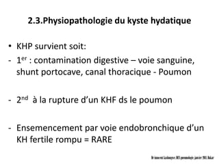 2.3.Physiopathologie du kyste hydatique

• KHP survient soit:
- 1er : contamination digestive – voie sanguine,
  shunt portocave, canal thoracique - Poumon

- 2nd à la rupture d’un KHF ds le poumon

- Ensemencement par voie endobronchique d’un
  KH fertile rompu = RARE
                                    Dr innocent kashongwe, DES pneumologie, janvier 2011, Dakar
 