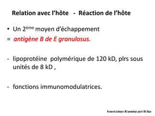 Relation avec l’hôte - Réaction de l’hôte

• Un 2ème moyen d’échappement
= antigène B de E granulosus.

- lipoprotéine polymérique de 120 kD, plrs sous
  unités de 8 kD ,

- fonctions immunomodulatrices.


                                  Dr innocent kashongwe, DES pneumologie, janvier 2011, Dakar
 