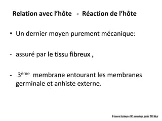Relation avec l’hôte - Réaction de l’hôte

• Un dernier moyen purement mécanique:

- assuré par le tissu fibreux ,

- 3ème membrane entourant les membranes
  germinale et anhiste externe.



                                  Dr innocent kashongwe, DES pneumologie, janvier 2011, Dakar
 