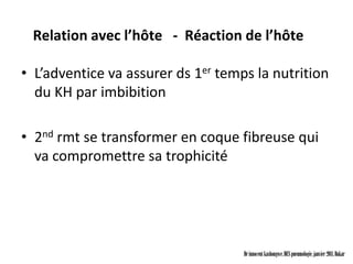 Relation avec l’hôte - Réaction de l’hôte

• L’adventice va assurer ds 1er temps la nutrition
  du KH par imbibition

• 2nd rmt se transformer en coque fibreuse qui
  va compromettre sa trophicité




                                    Dr innocent kashongwe, DES pneumologie, janvier 2011, Dakar
 