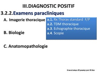 III.DIAGNOSTIC POSITIF
3.2.2.Examens paracliniques
 A. Imagerie thoracique a.1. Rx Thorax standard F/P
                          a.2. TDM thoracique
                          a.3. Echographie thoracique
 B. Biologie              a.4. Scopie


 C. Anatomopathologie



                                      Dr innocent kashongwe, DES pneumologie, janvier 2011, Dakar
 