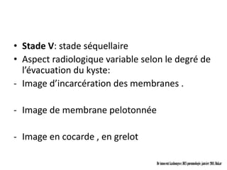 • Stade V: stade séquellaire
• Aspect radiologique variable selon le degré de
  l’évacuation du kyste:
- Image d’incarcération des membranes .

- Image de membrane pelotonnée

- Image en cocarde , en grelot

                                  Dr innocent kashongwe, DES pneumologie, janvier 2011, Dakar
 