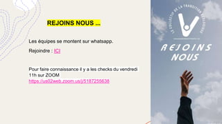 4
Les équipes se montent sur whatsapp.
Rejoindre : ICI
Pour faire connaissance il y a les checks du vendredi
11h sur ZOOM
https://us02web.zoom.us/j/5187255638
REJOINS NOUS ...
 