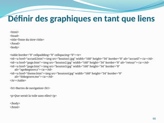 66
Définir des graphiques en tant que liens
<html>
<head>
<title>Texte du titre</title>
</head>
<body>
<table border="0" cellpadding="0" cellspacing="0"><tr>
<td><a href="accueil.htm"><img src="bouton1.jpg" width="160" height="34" border="0" alt="accueil"></a></td>
<td><a href="page.htm"><img src="bouton2.jpg" width="160" height="34" border="0" alt="retour"></a></td>
<td><a href="page.htm"><img src="bouton3.jpg" width="160" height="34" border="0"
alt="apr&egrave;s"></a></td>
<td><a href="theme.htm"><img src="bouton4.jpg" width="160" height="34" border="0"
alt="th&egrave;me"></a></td>
</tr></table>
<h1>Barres de navigation</h1>
<p>Que serait la toile sans elles!</p>
</body>
</html>
 