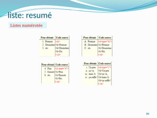 80
liste: resumé
Listes numérotée
 